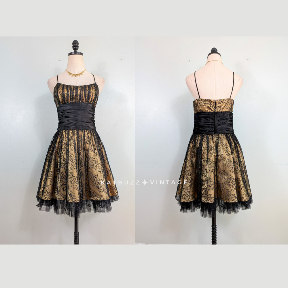 Vintage Morgan Prom Dress Mini Gown S Gold Black Y2K Hoco Animal Leopard Empire